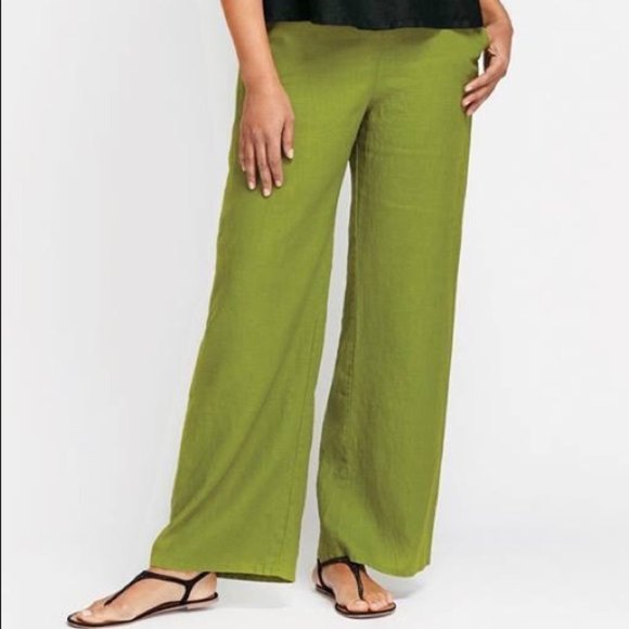 Flax Green Drawstring Linen Wide Leg 